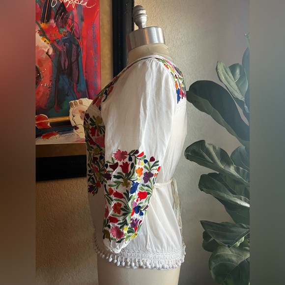 Anthropologie Vanessa Virginia Embroidered Cotton Pom Pom Peasant Top - Sz 2 - Picture 8 of 14